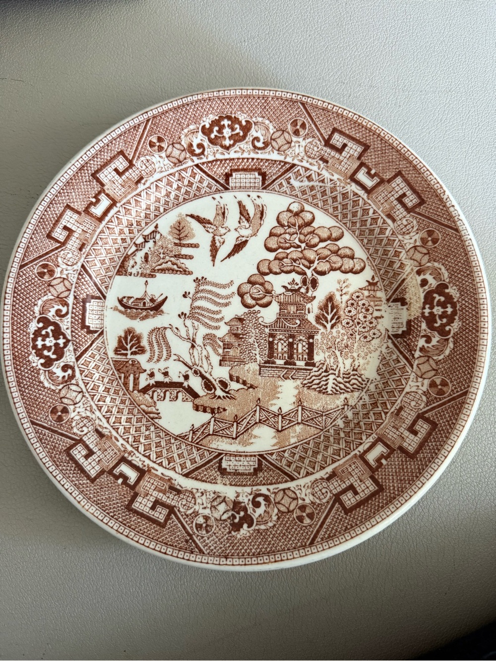 Vintage Buffalo China Brown Chinoiserie Transferware Plate – Pagoda Landscape